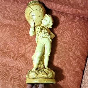 Large vintage Marwal chalkware boy holding flower plant vase urn statue